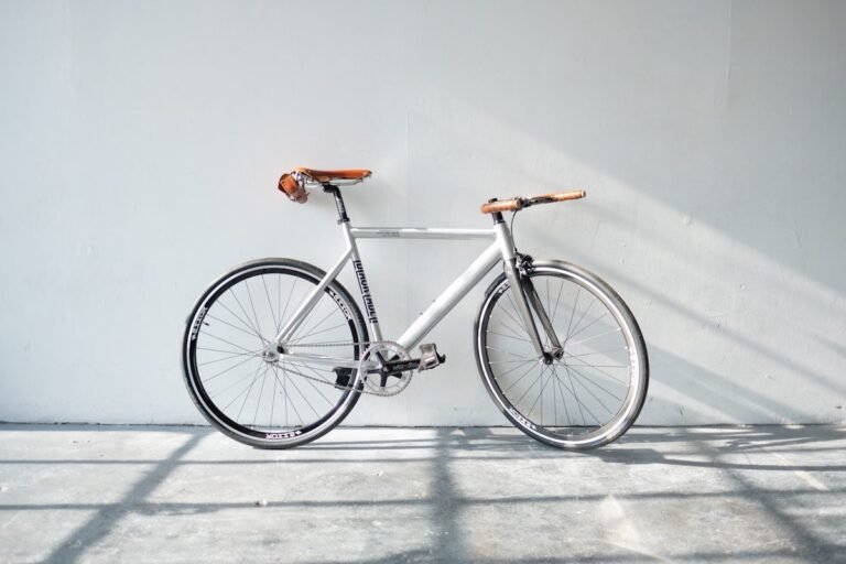 A silver single-speed city bike photographed side-on against a pale wall