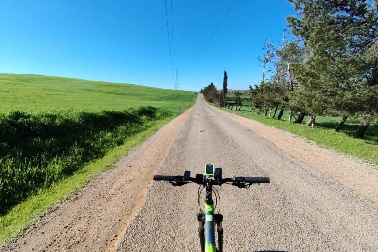 A rider’s view over mountain bike handlebars on an empty road between green fields in Morocco